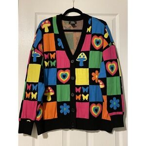 Social Collision Cardigan Sweater Womens Medium Multicolor Rainbow Heart Print